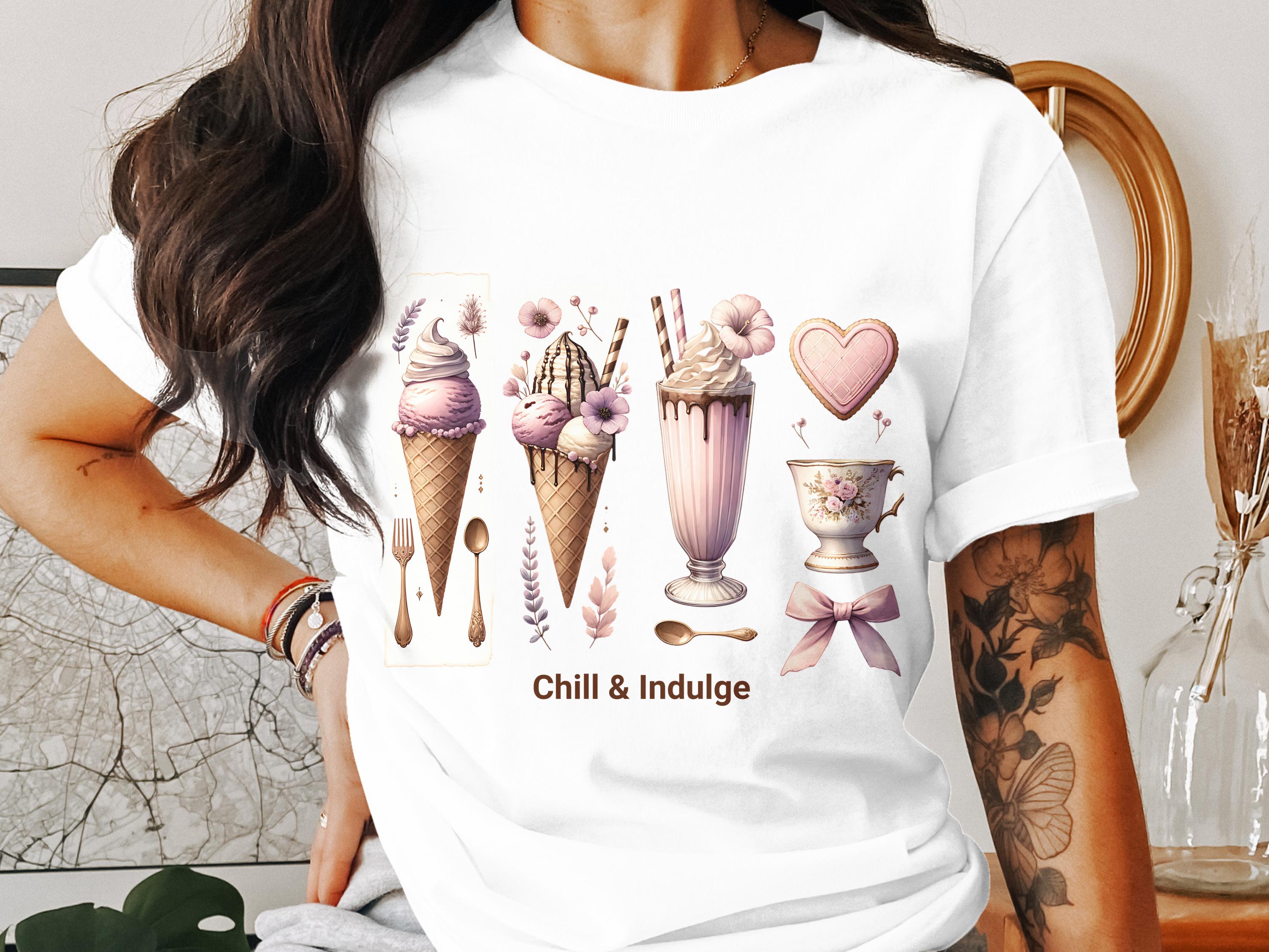 Vintage Dessert Graphic T-Shirt, Retro Ice Cream Print Tee, Chill and Indulge Casual Top, Soft Cotton Unisex Shirt, Summer Fashion Apparel