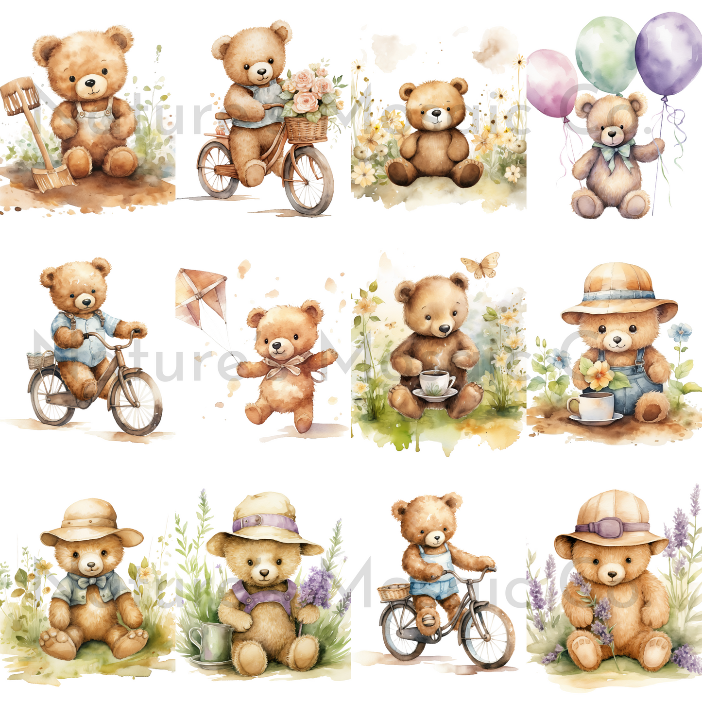 Spring Teddy Bear Clipart | 52 PNG Images | 300 DPI Transparent Background | Cute Watercolor Bear Illustrations for Scrapbooking, Stickers & Sublimation