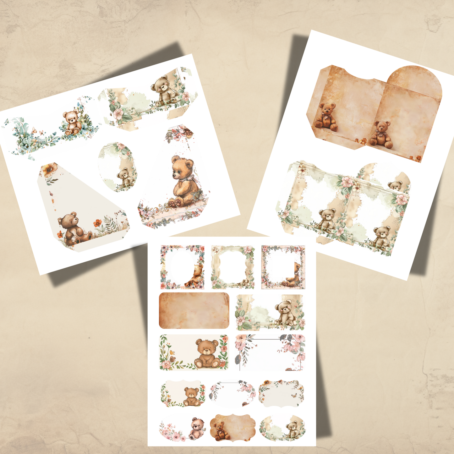 Bear Junk Journal Ephemera 34 Pages Vintage Woodland Printables Tags Envelopes Pockets Labels Scrapbooking Digital Download