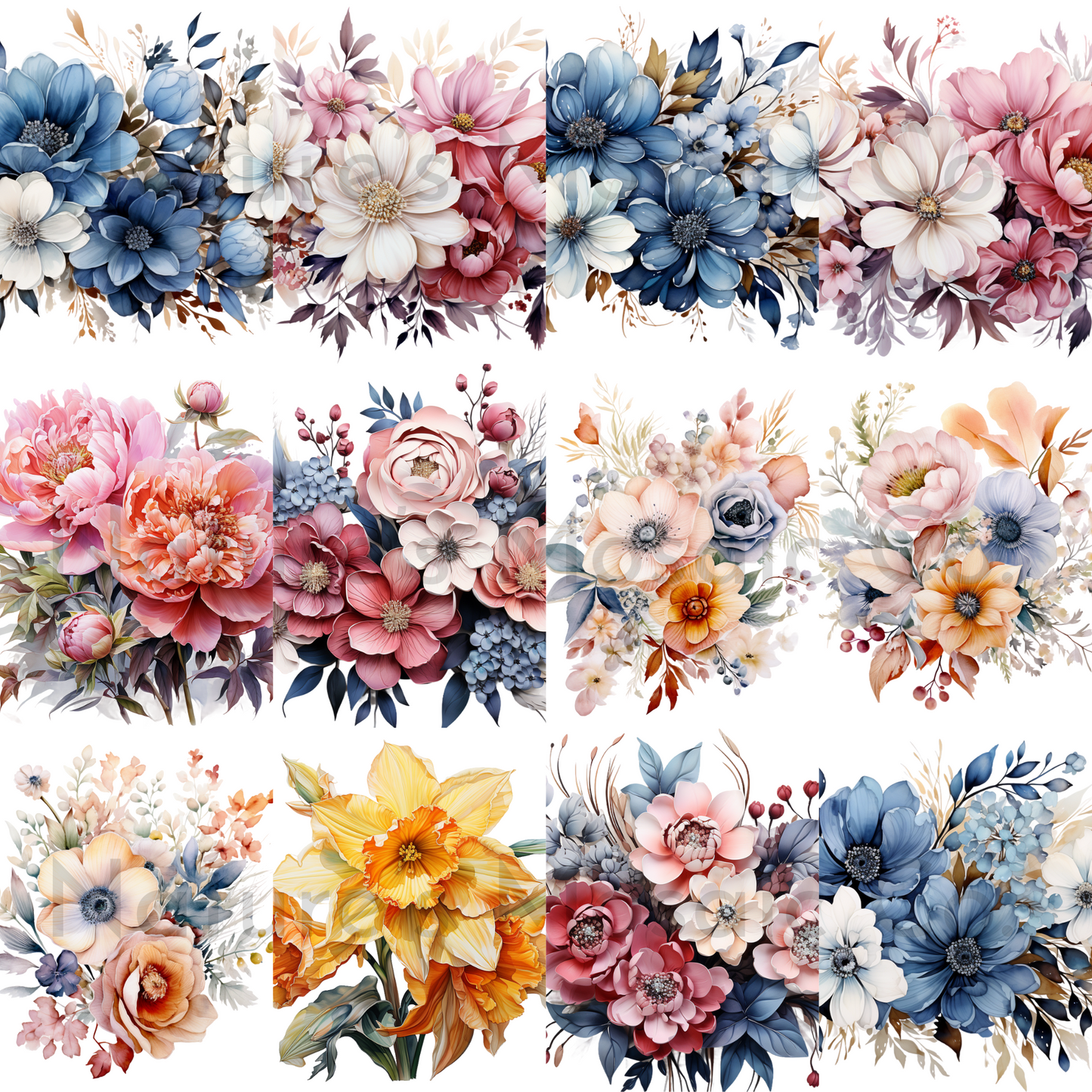 Watercolor Floral Clipart | 26 PNG Images | 300 DPI Transparent Background | Hand-Painted Flowers & Leaves for Wedding Invitations, Sublimation & Crafts