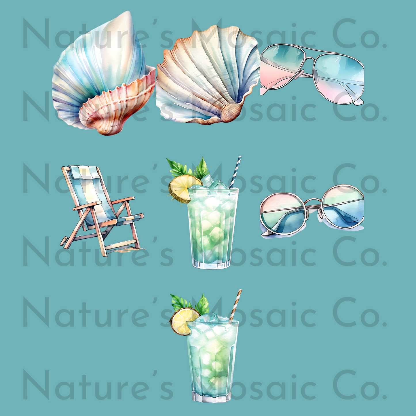 Summer Beach Watercolor Clipart Set, Vacation Clip Art, Boho Tropical Ocean Flip Flops Clip Art Bundle Png Files