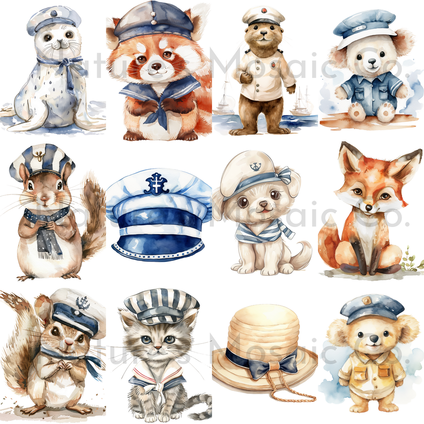 Watercolor Nautical Sailor Animals Clipart | 35 PNG | 300 DPI | Cute Ocean & Sea Animal Illustrations for Baby Shower, Nursery & Crafts