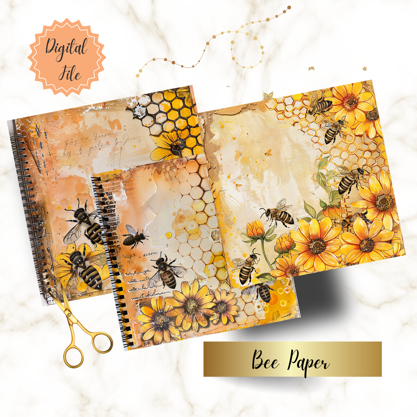 Digital Bee Junk Journal Paper | 16 Pages | 12x12" 300 DPI | Vintage Honeycomb & Floral Scrapbook Paper for Journaling & Crafts