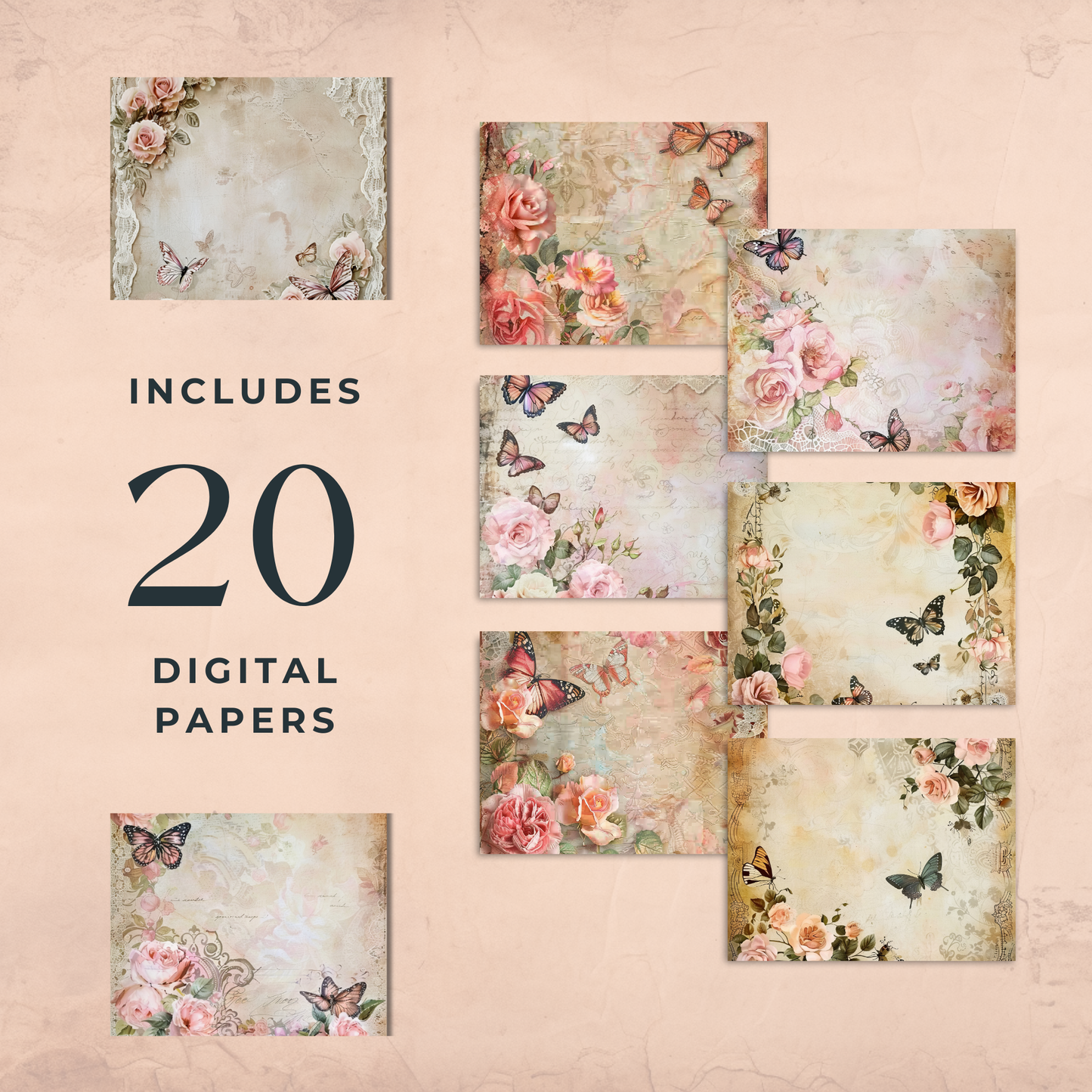 Digital Vintage Pastel Butterfly with Flowers Junk Journal Paper 20 Pages 12x12 Inch 300 DPI Printable Scrapbook Paper for Crafts