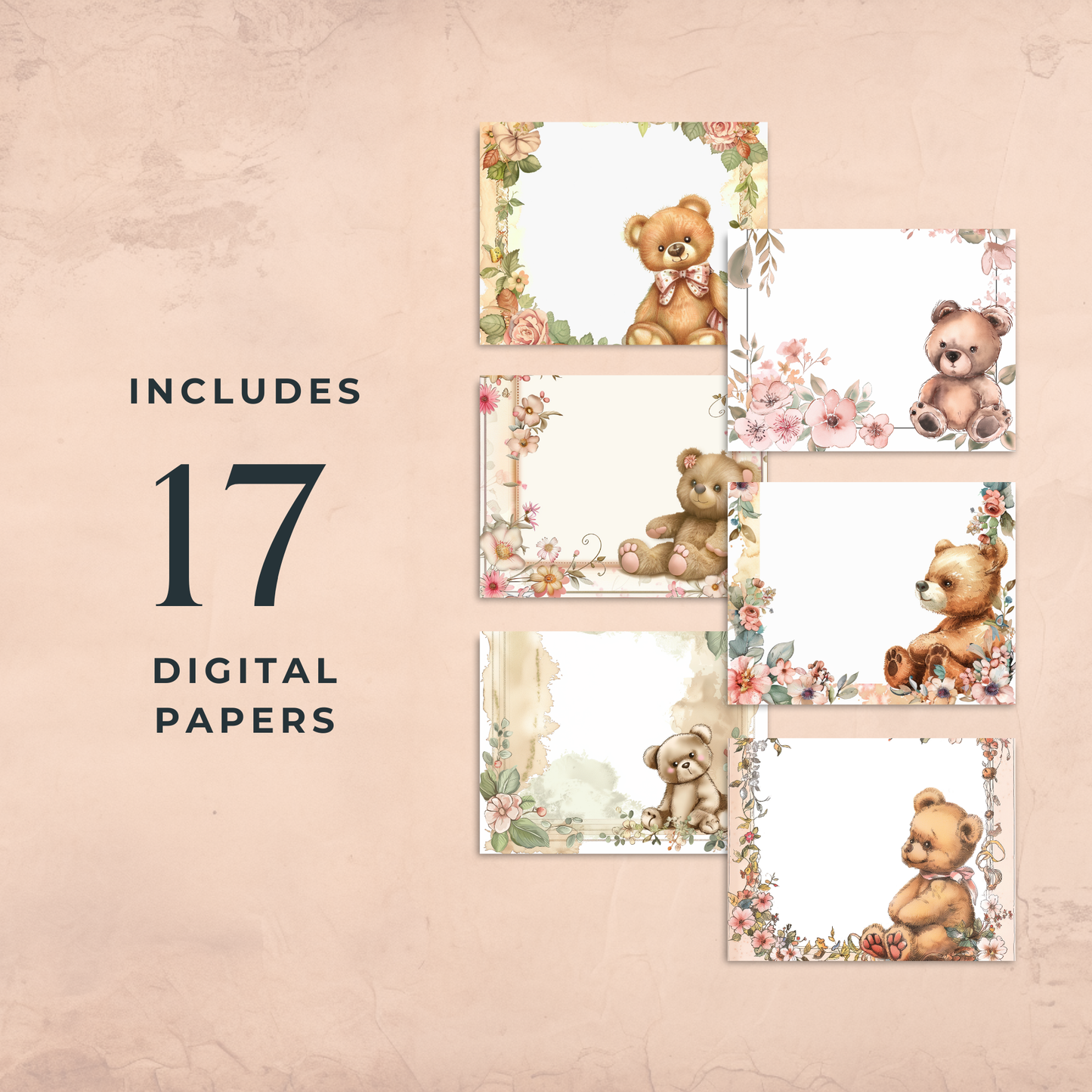 Digital Pastel Bear with Flowers Junk Journal Paper 17 Pages 12x12 Inch 300 DPI Printable Scrapbook Paper for Journaling and Crafts