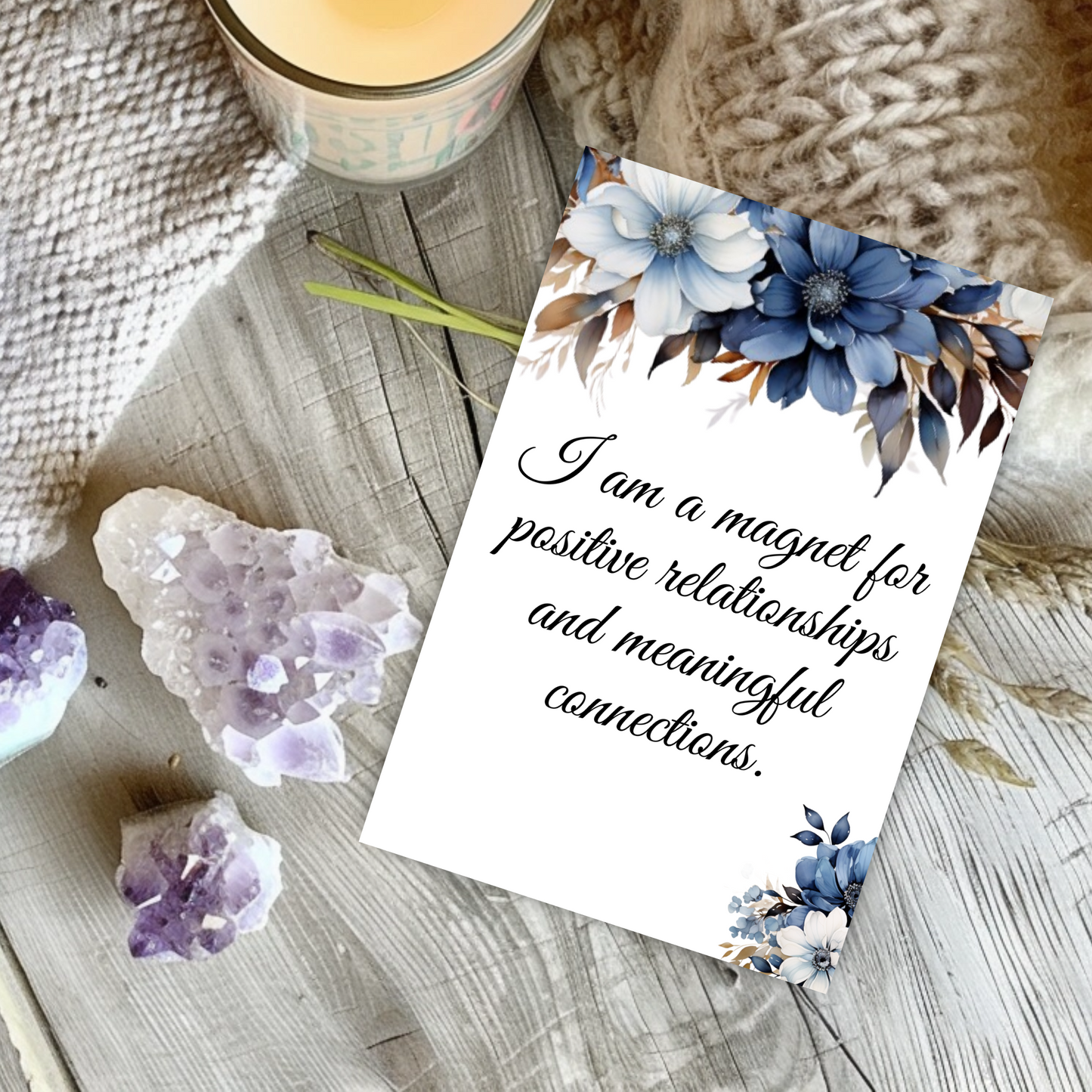 Blue Floral Affirmation Cards | 52 Printable Cards | PDF & PNG | Self-Care, Mindfulness, Motivation & Daily Inspiration