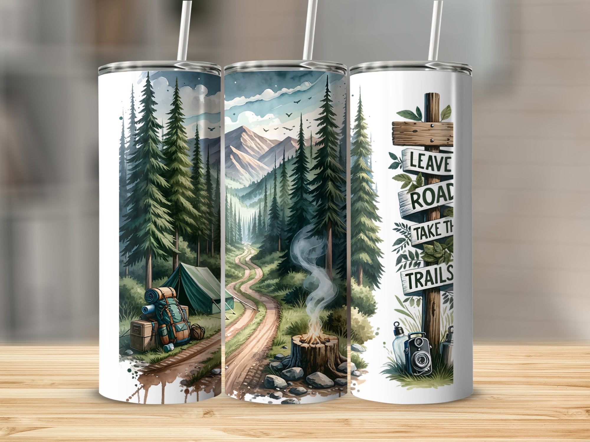 Nature Themed Tumbler, Hiking Trails and Camping Graphics, Insulated Travel Cup with Lid