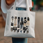 Music Themed Tote Bag, Guitar and Vinyl Printed Canvas Shopper, Urban Style Artist Gift Bag