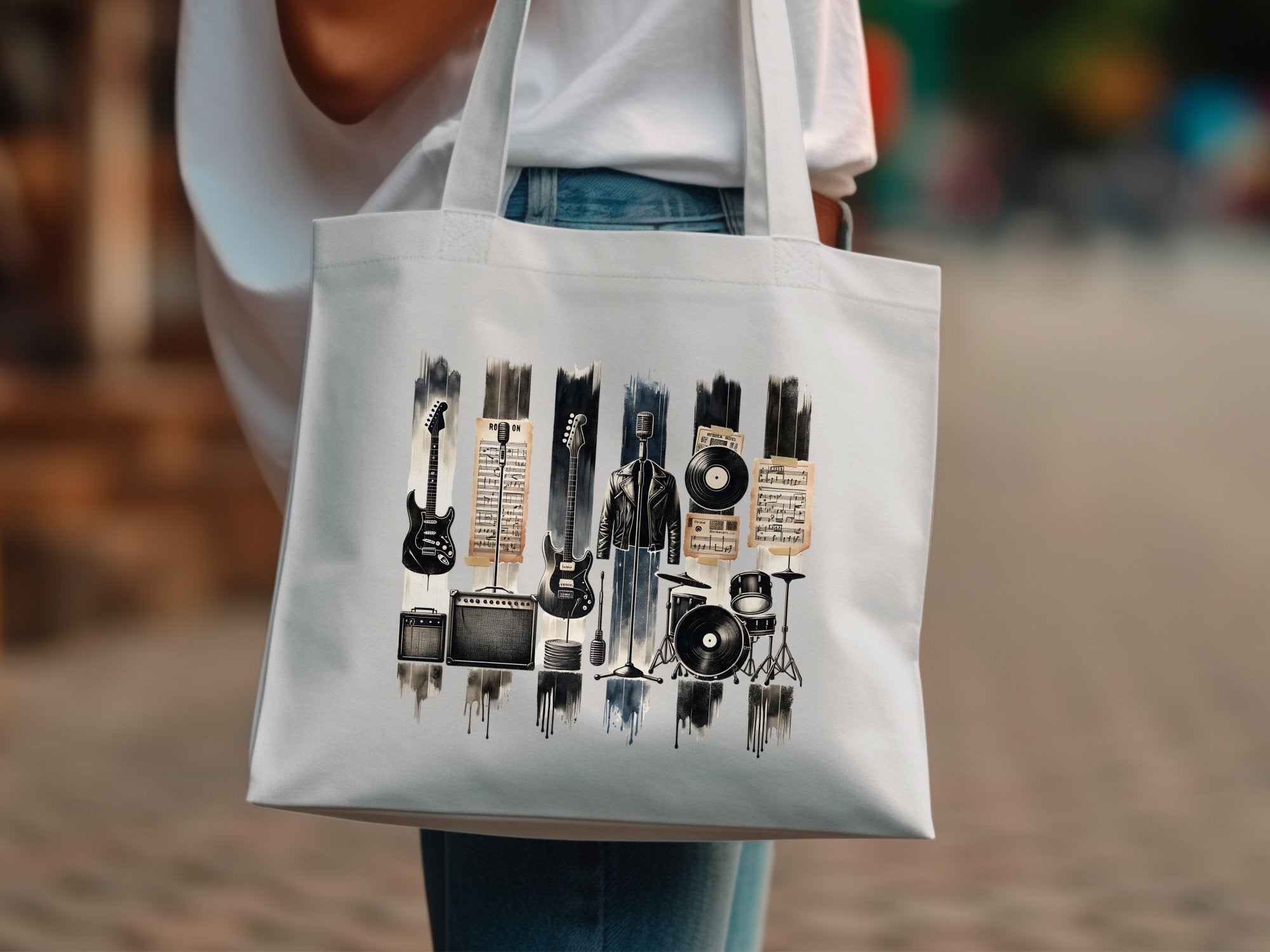 Music Themed Tote Bag, Guitar and Vinyl Printed Canvas Shopper, Urban Style Artist Gift Bag