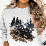 Off-Road Jeep Adventure Graphic Sweatshirt, Unisex Forest Print Pullover, Outdoor Enthusiast Apparel, Casual Autumn Clothing