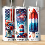Patriotic Tumbler Cups with Straws, Stars and Stripes, Fireworks Design, American Flag, Insulated Drinkware, Set of 3