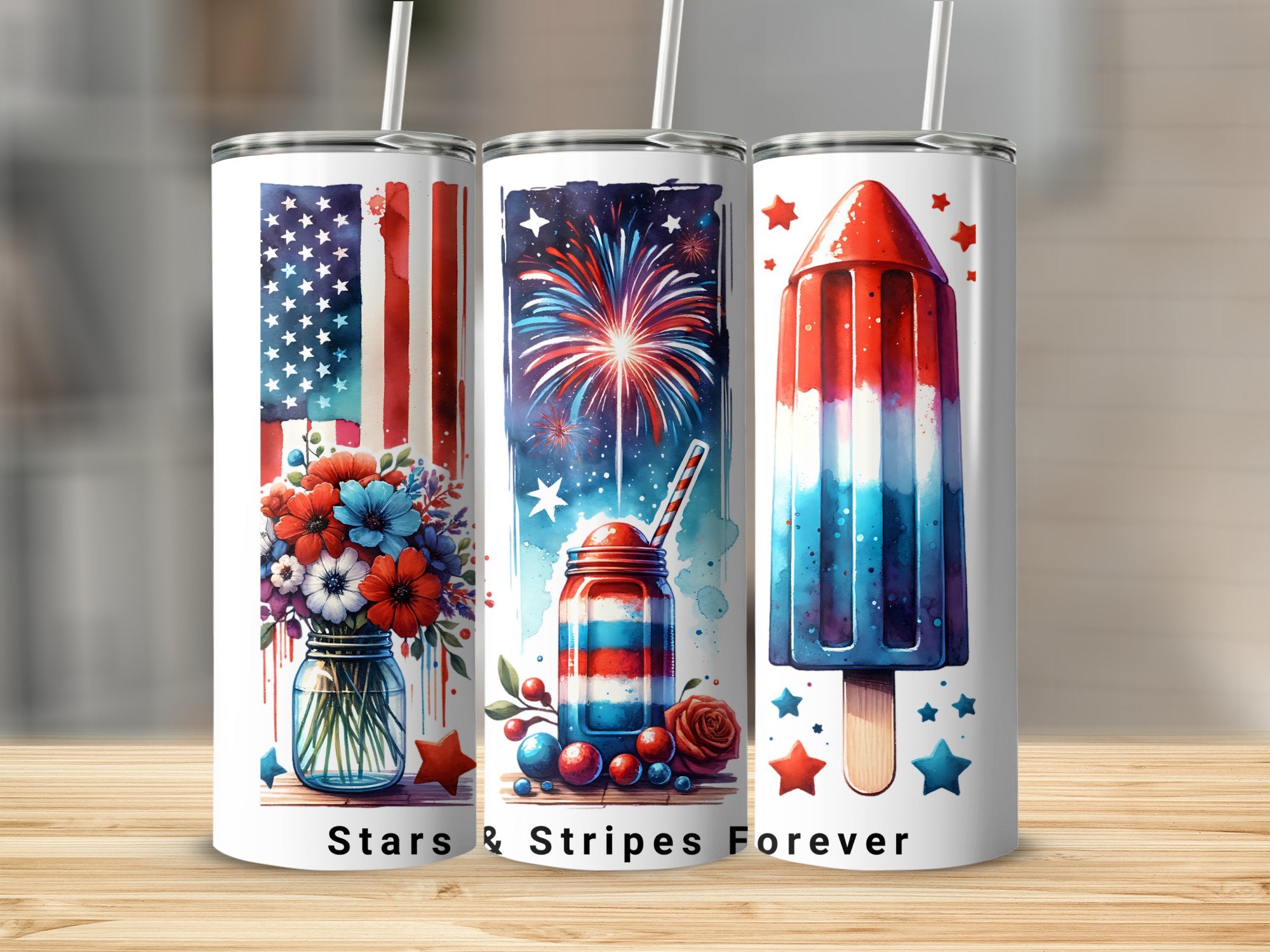 Patriotic Tumbler Cups with Straws, Stars and Stripes, Fireworks Design, American Flag, Insulated Drinkware, Set of 3