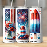 Patriotic Tumbler Cups with Straws, Stars and Stripes, Fireworks Design, American Flag, Insulated Drinkware, Set of 3