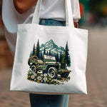 Vintage Jeep Mountain Landscape Tote Bag, Canvas Jeep Print, Travel Hiking Graphic Tote, Eco-friendly Reusable Bag