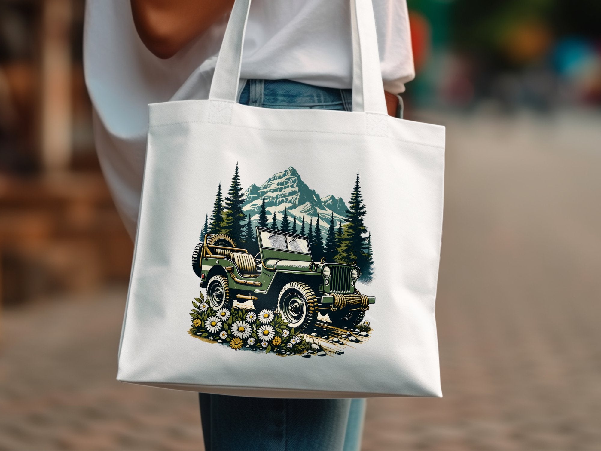 Vintage Jeep Mountain Landscape Tote Bag, Canvas Jeep Print, Travel Hiking Graphic Tote, Eco-friendly Reusable Bag