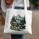 Vintage Jeep Mountain Landscape Tote Bag, Canvas Jeep Print, Travel Hiking Graphic Tote, Eco-friendly Reusable Bag