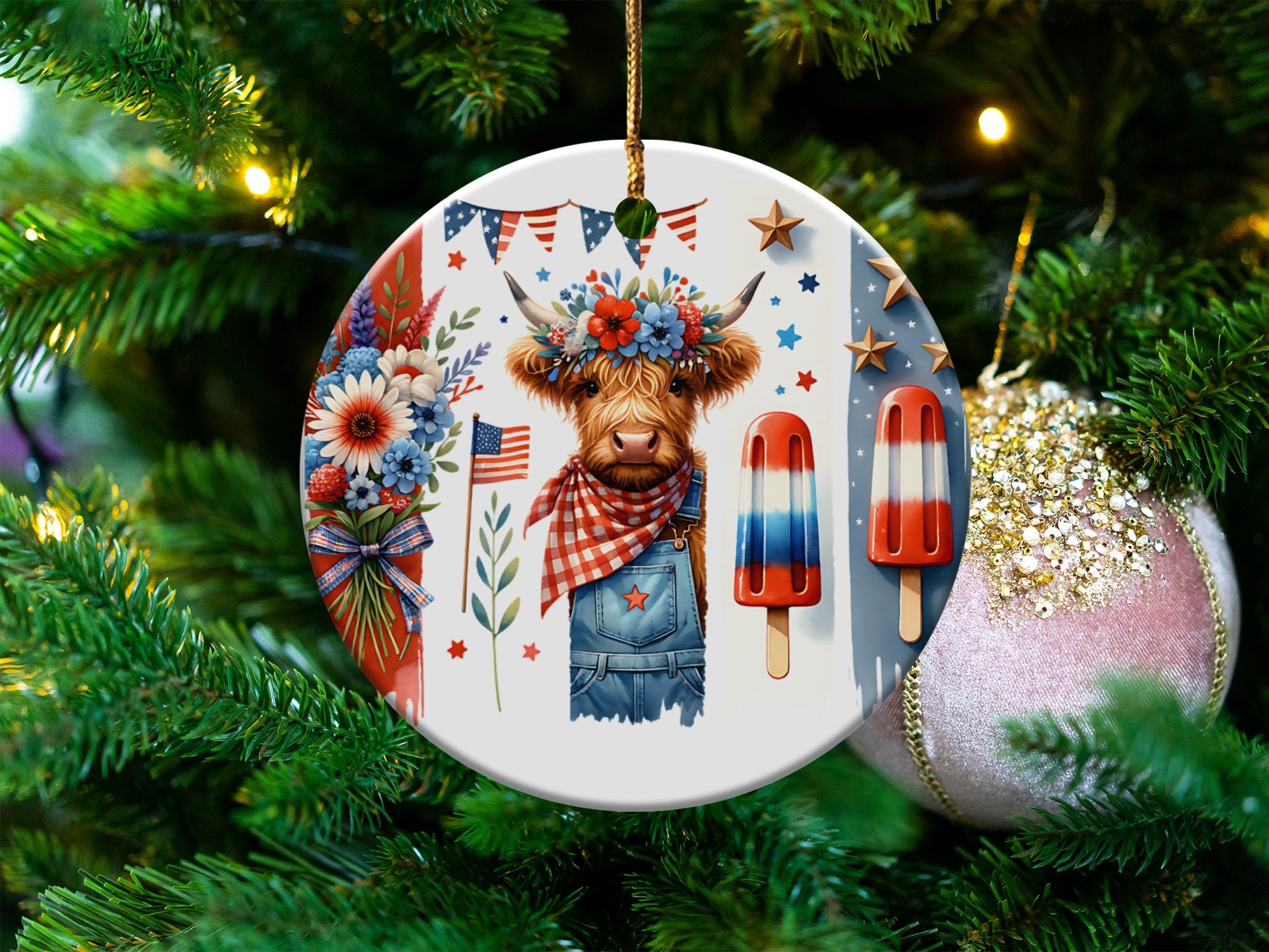 Patriotic Bear Ceramic Ornament, American Flag, Floral Design, Tree Decoration, Festive Holiday Decor, Unique Christmas Gift Idea