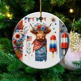 Patriotic Bear Ceramic Ornament, American Flag, Floral Design, Tree Decoration, Festive Holiday Decor, Unique Christmas Gift Idea