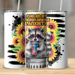 Fueled by Energy Drinks and Anxiety Raccoon Tumbler, Sunflower Stainless Steel Cup, Unique Gift Idea for Friends, Colorful Drinkware