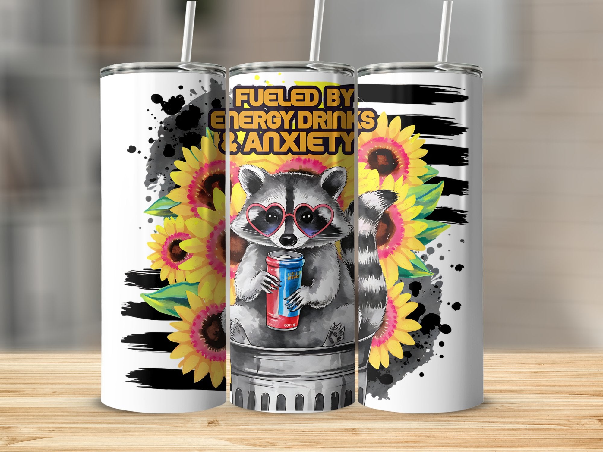 Fueled by Energy Drinks and Anxiety Raccoon Tumbler, Sunflower Stainless Steel Cup, Unique Gift Idea for Friends, Colorful Drinkware