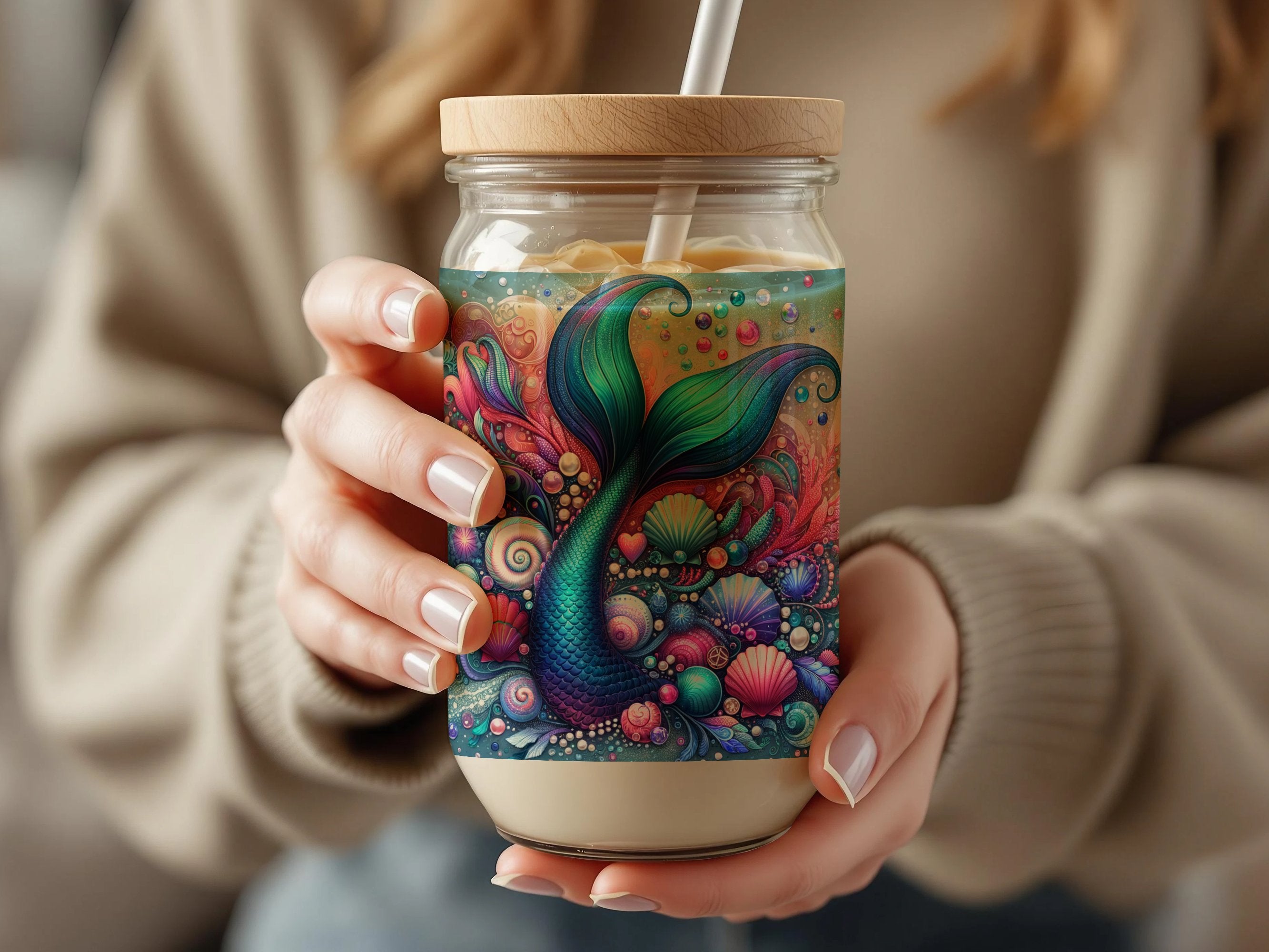Colorful Mermaid Tail Illustrated Travel Mug, Unique Ocean Theme Reusable Coffee Cup