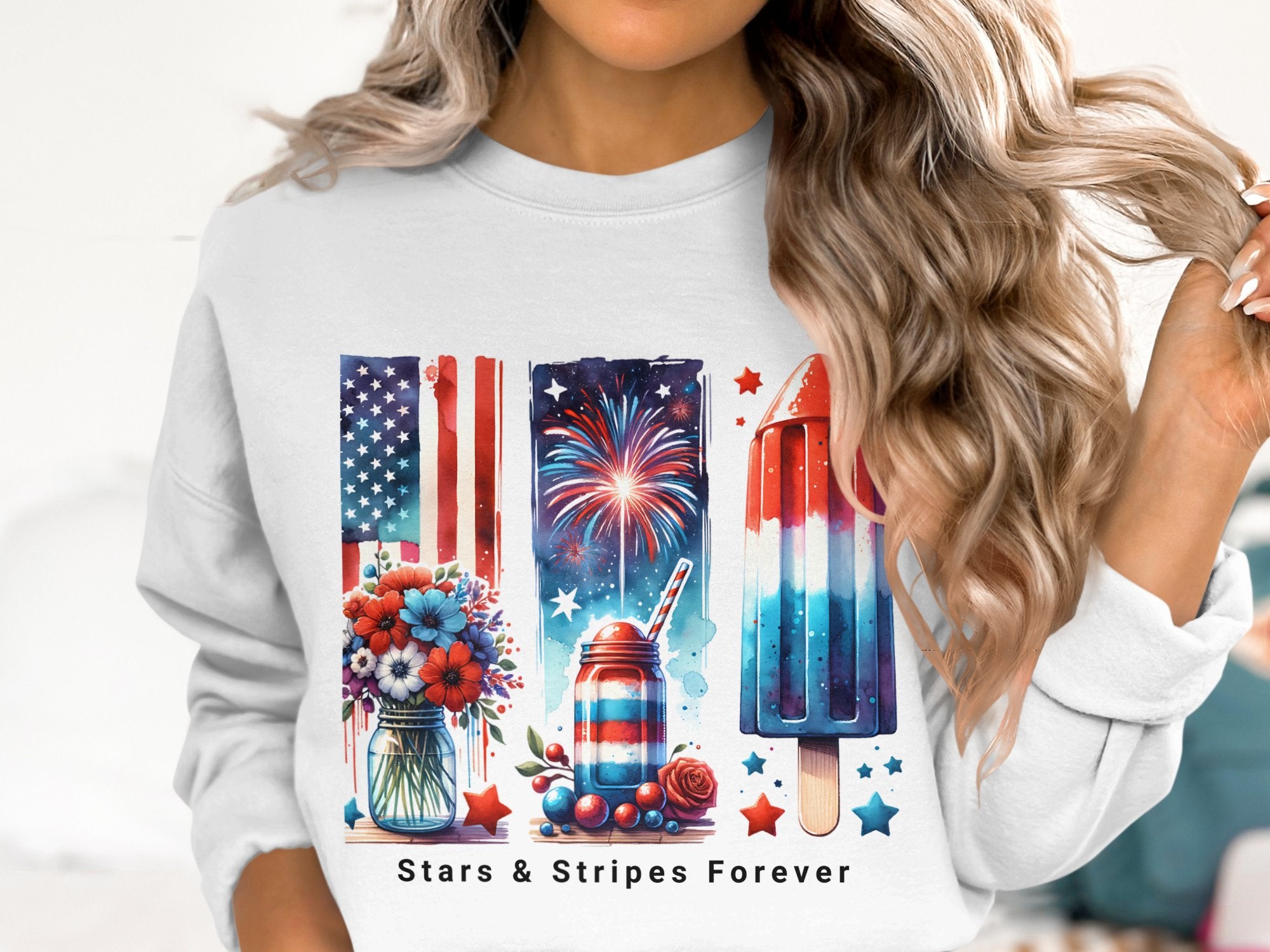 Patriotic Sweatshirt, Stars and Stripes Graphic, Fourth of July Pullover, American Flag and Fireworks, Women's Casual Top, USA Themed