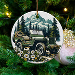 Vintage Jeep and Mountain Scene Christmas Ornament, Holiday Tree Decoration, Festive Ceramic Decor, Unique Gift Idea for Car Enthusiasts