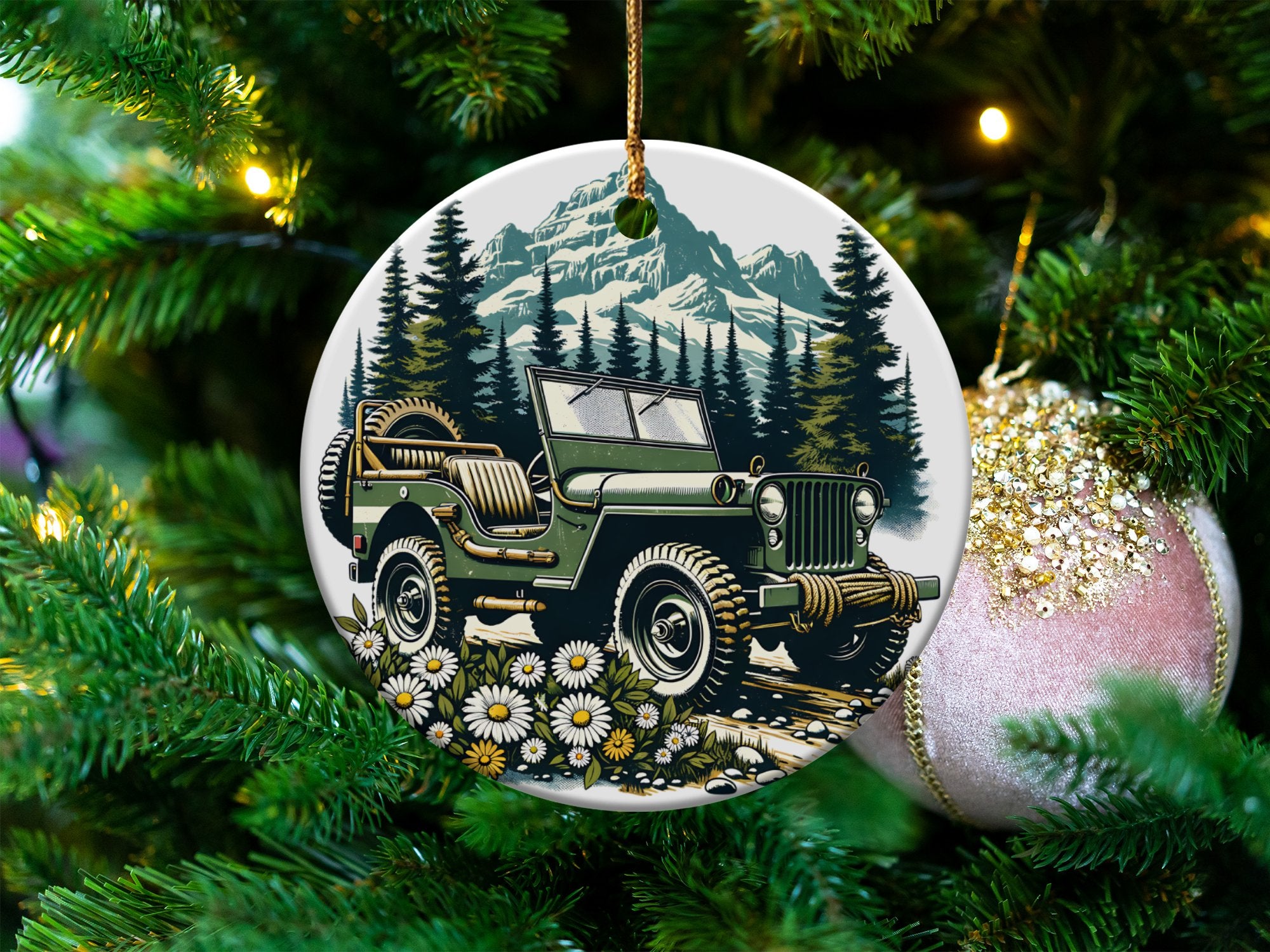 Vintage Jeep and Mountain Scene Christmas Ornament, Holiday Tree Decoration, Festive Ceramic Decor, Unique Gift Idea for Car Enthusiasts