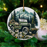 Vintage Jeep and Mountain Scene Christmas Ornament, Holiday Tree Decoration, Festive Ceramic Decor, Unique Gift Idea for Car Enthusiasts