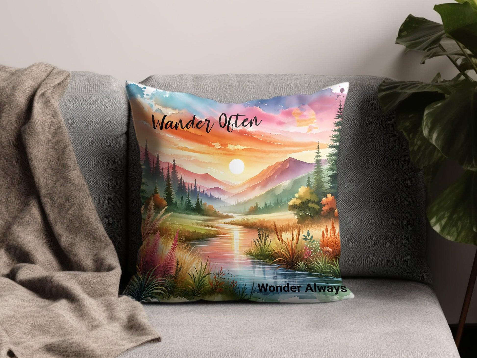 Wander Often Wonder Always Pillow, Colorful Landscape Cushion, Scenic Nature Art, Home Decor