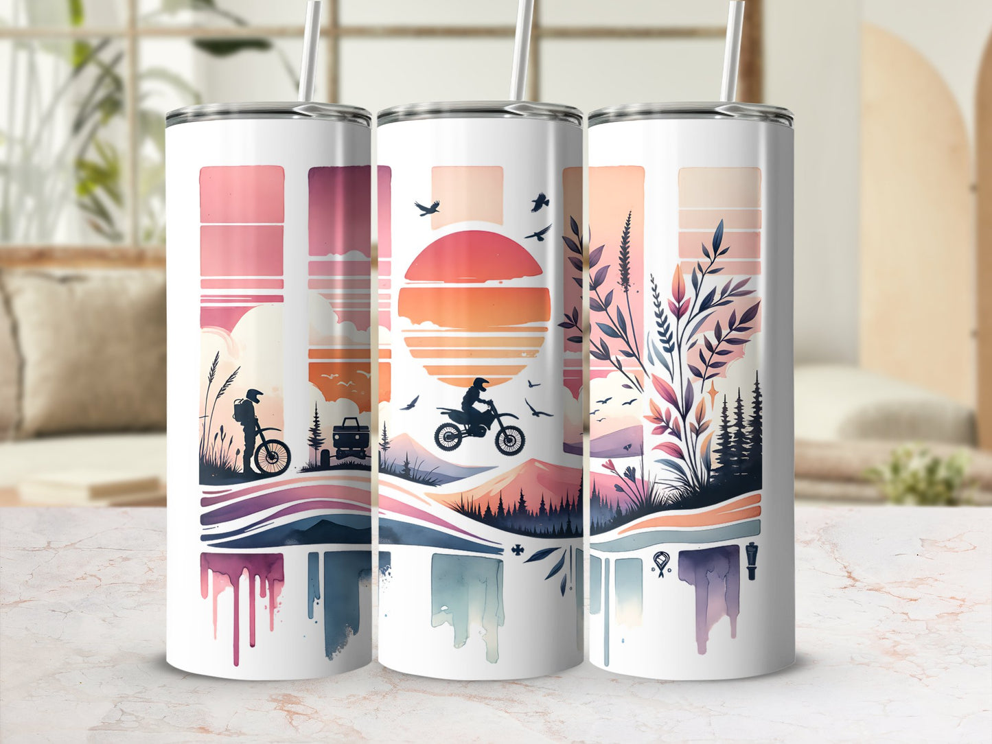 Adventure Themed Tumblers, Sunset Mountain Bike Design, Insulated Drinkware, Set of Four