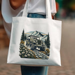 Vintage Truck Canvas Tote Bag, Mountain Forest Print, Durable Grocery Shopper, Eco-Friendly Reusable Bag