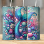 Colorful Mermaid Tail Tumbler, Ocean Themed Insulated Cup, Seahorse and Shell Design, Beach Drinkware Gift