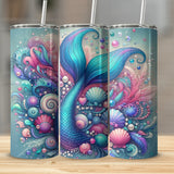 Colorful Mermaid Tail Tumbler, Ocean Themed Insulated Cup, Seahorse and Shell Design, Beach Drinkware Gift
