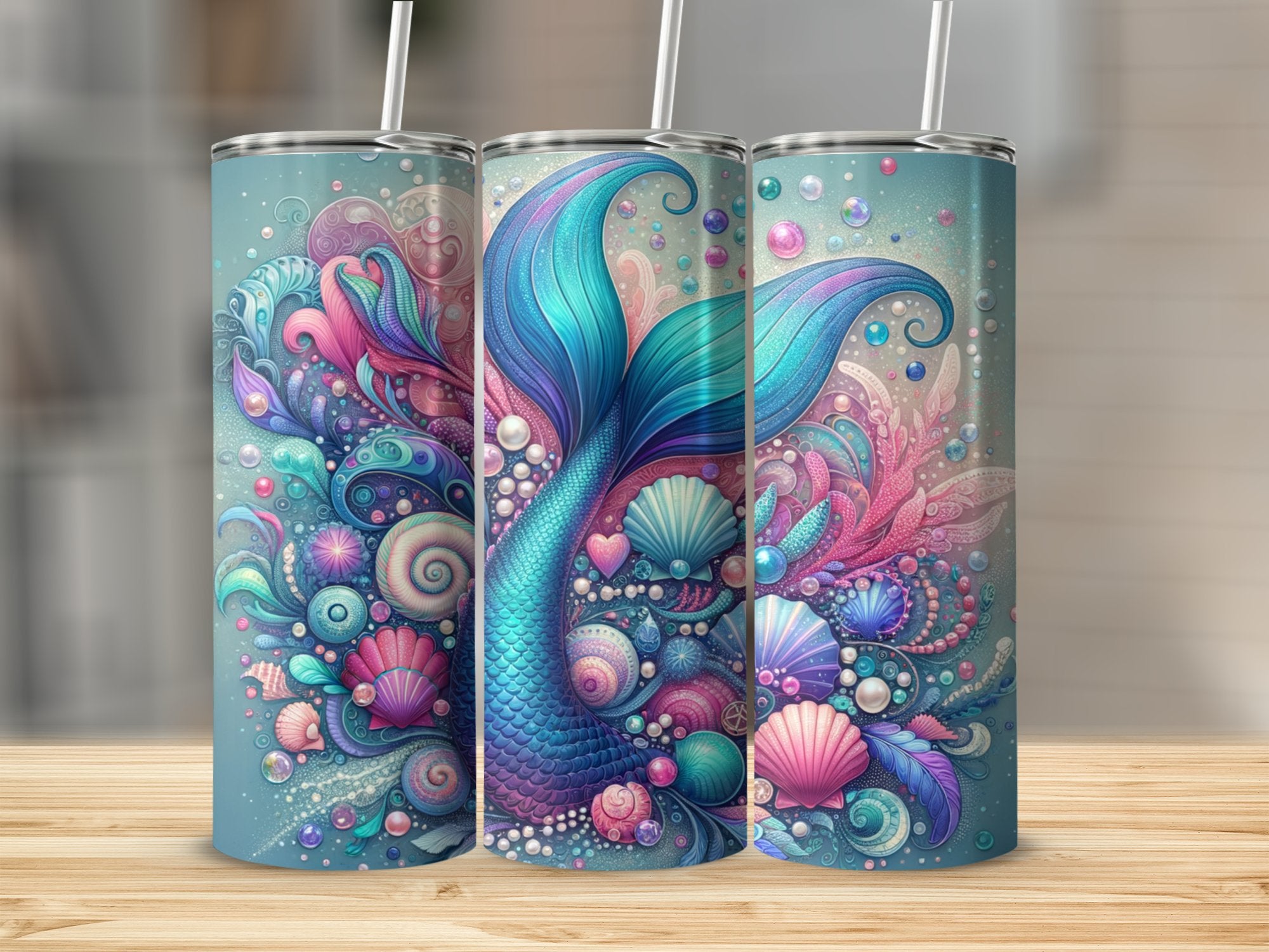 Colorful Mermaid Tail Tumbler, Ocean Themed Insulated Cup, Seahorse and Shell Design, Beach Drinkware Gift