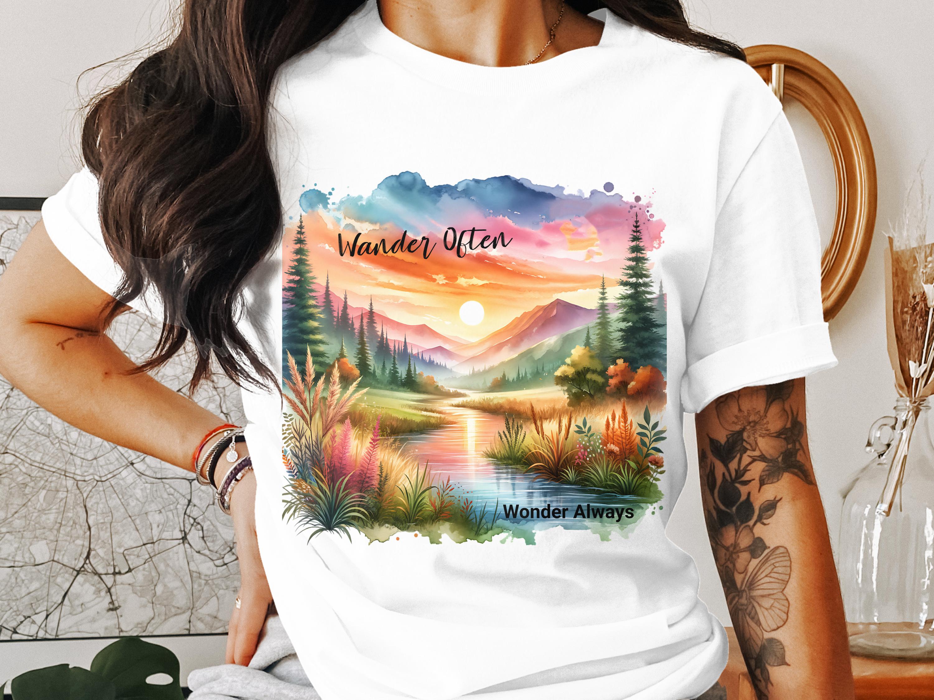 Wander Often Wonder Always Graphic Tee Sunrise Mountain Landscape Nature Lover T-Shirt Unisex