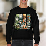 Men's Black Long Sleeve Sweatshirt with Vintage Motorcycle and Forest Print Design