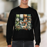 Men's Black Long Sleeve Sweatshirt with Vintage Motorcycle and Forest Print Design