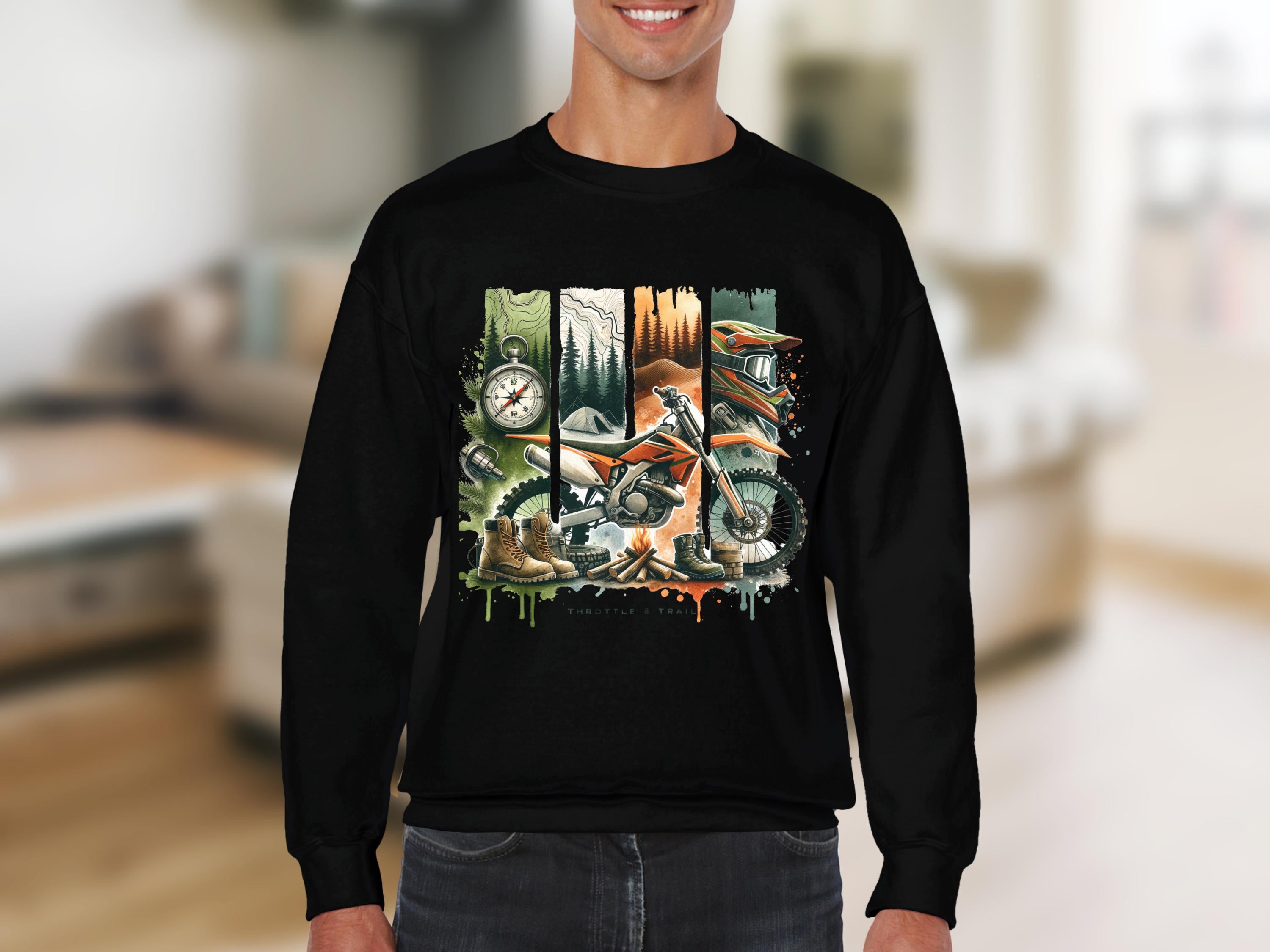 Men's Black Long Sleeve Sweatshirt with Vintage Motorcycle and Forest Print Design