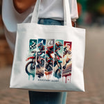 Vintage Motorcycle Art Canvas Tote Bag, Colorful Biker Print, Eco-friendly Shopping Bag, Unique Gift Idea