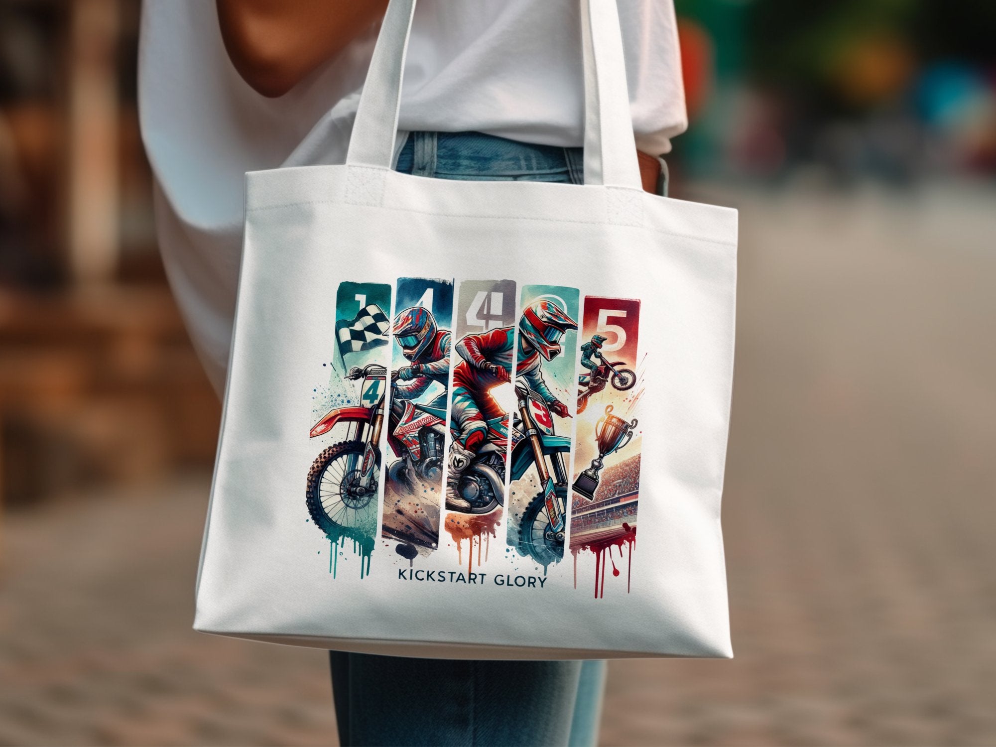 Vintage Motorcycle Art Canvas Tote Bag, Colorful Biker Print, Eco-friendly Shopping Bag, Unique Gift Idea