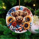 Patriotic Highland Cow Christmas Ornament, Sunflower USA Flag Design, Festive Tree Decor, Unique Holiday Gift, Cow Lover Xmas Decoration