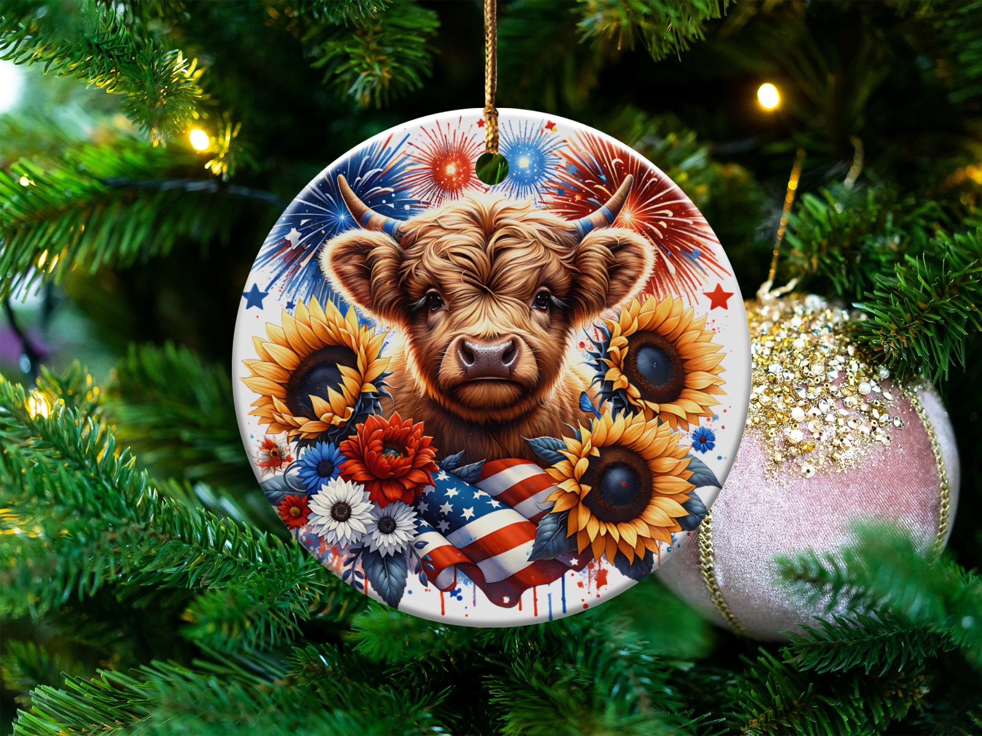 Patriotic Highland Cow Christmas Ornament, Sunflower USA Flag Design, Festive Tree Decor, Unique Holiday Gift, Cow Lover Xmas Decoration