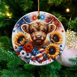 Patriotic Highland Cow Christmas Ornament, Sunflower USA Flag Design, Festive Tree Decor, Unique Holiday Gift, Cow Lover Xmas Decoration