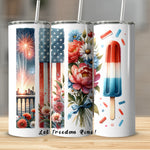 Patriotic Tumblers, 4th of July Stainless Steel Cups, Fireworks and Floral Design, Insulated Travel Mugs, USA Themed Drinkware