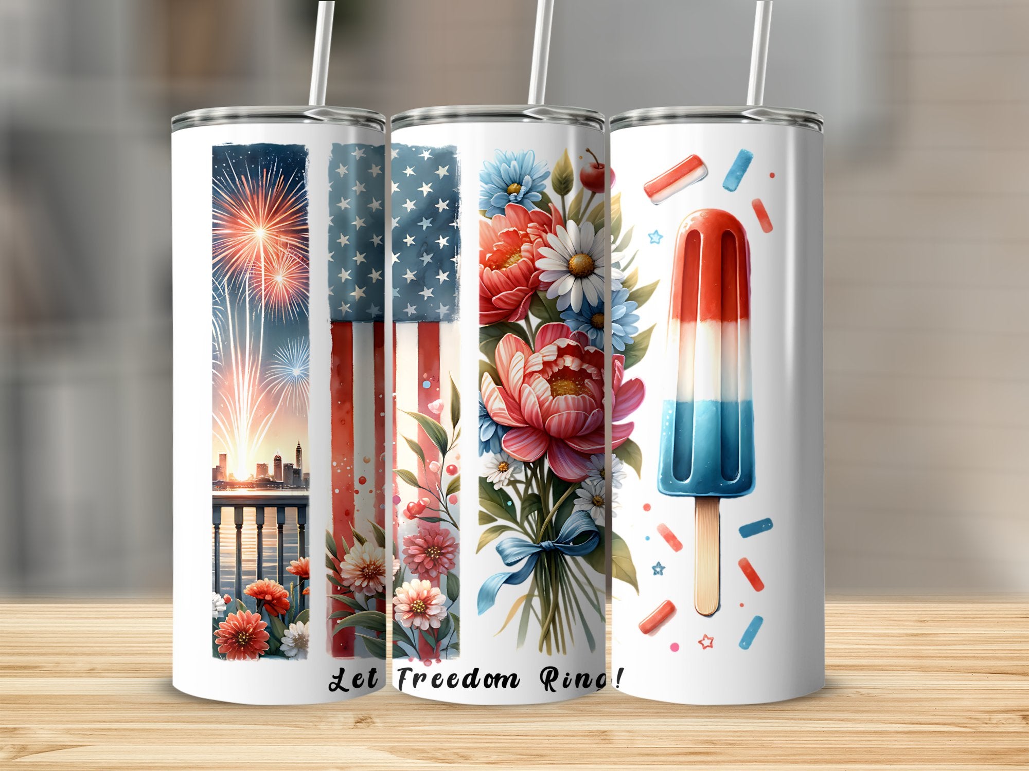 Patriotic Tumblers, 4th of July Stainless Steel Cups, Fireworks and Floral Design, Insulated Travel Mugs, USA Themed Drinkware