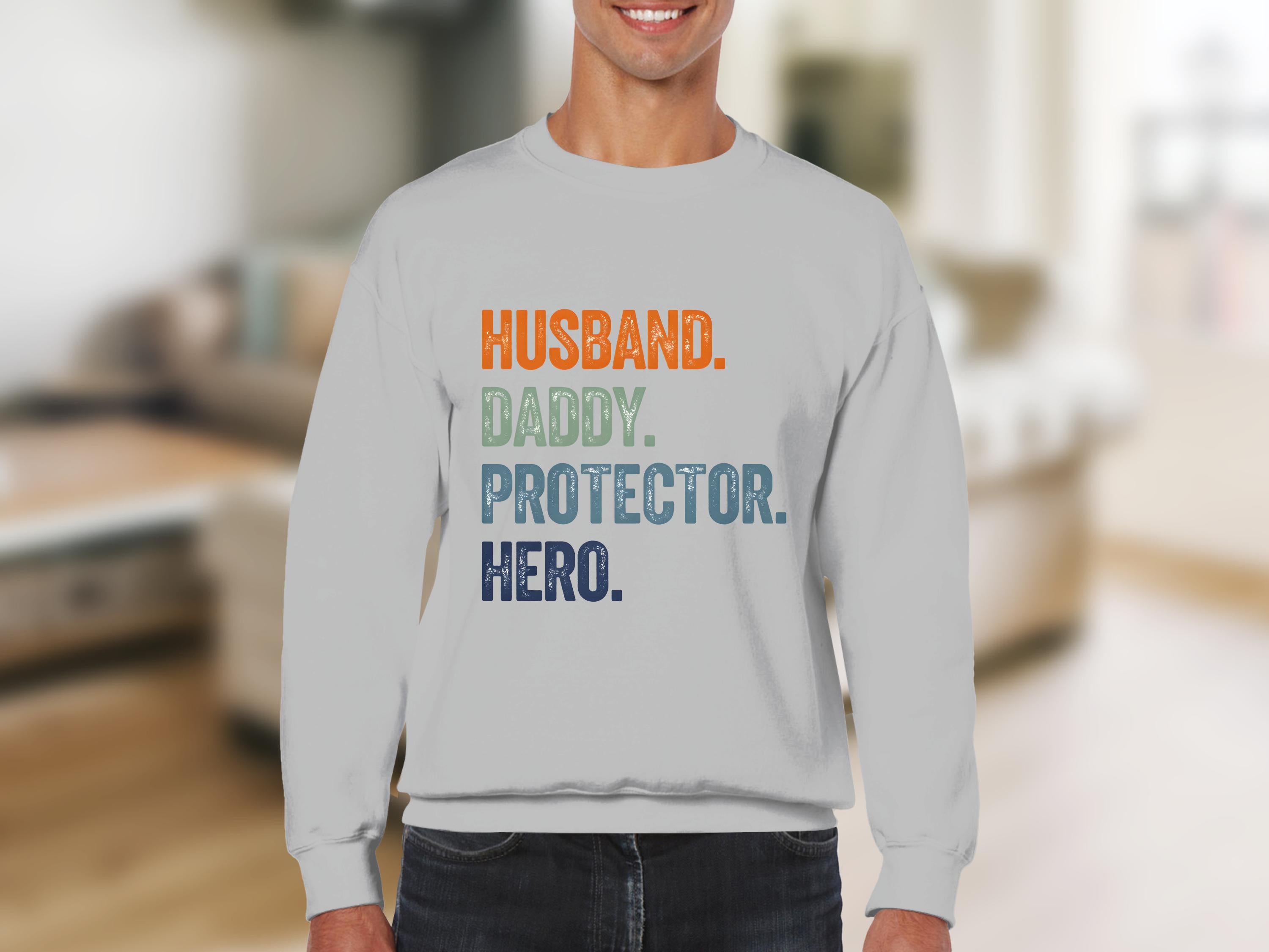Husband Daddy Protector Hero Sweatshirt, Men's Long Sleeve Gray Casual Pullover