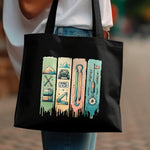 Colorful Camping Gear Design Tote Bag, Stylish Outdoor Essentials Print, Durable Canvas Shopper, Eco-Friendly Gift