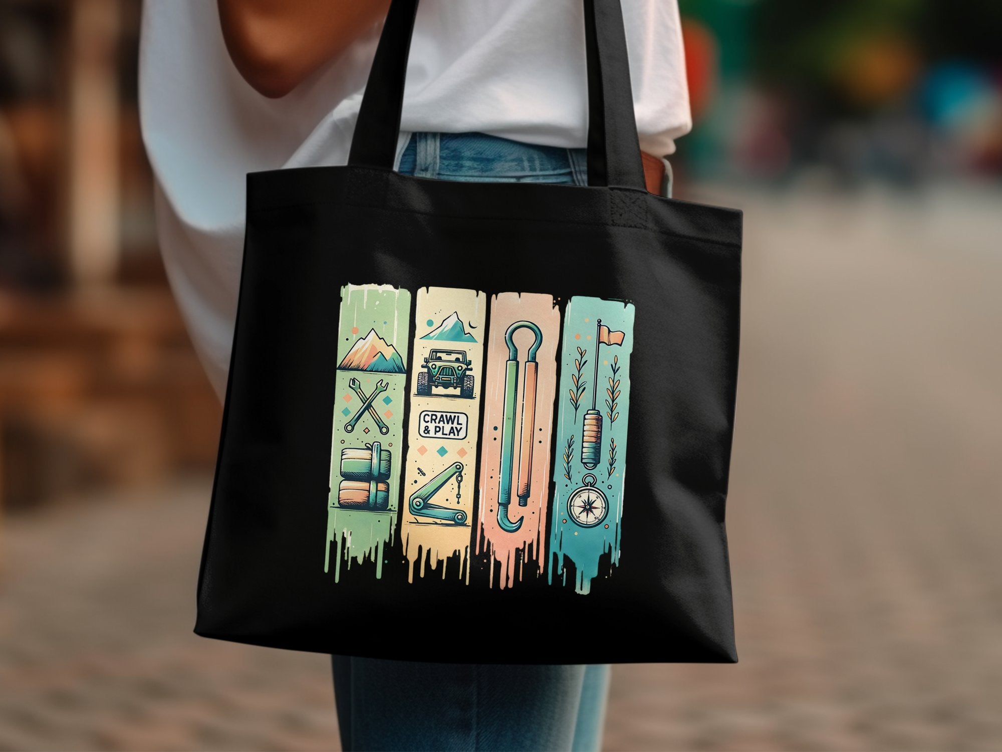 Colorful Camping Gear Design Tote Bag, Stylish Outdoor Essentials Print, Durable Canvas Shopper, Eco-Friendly Gift