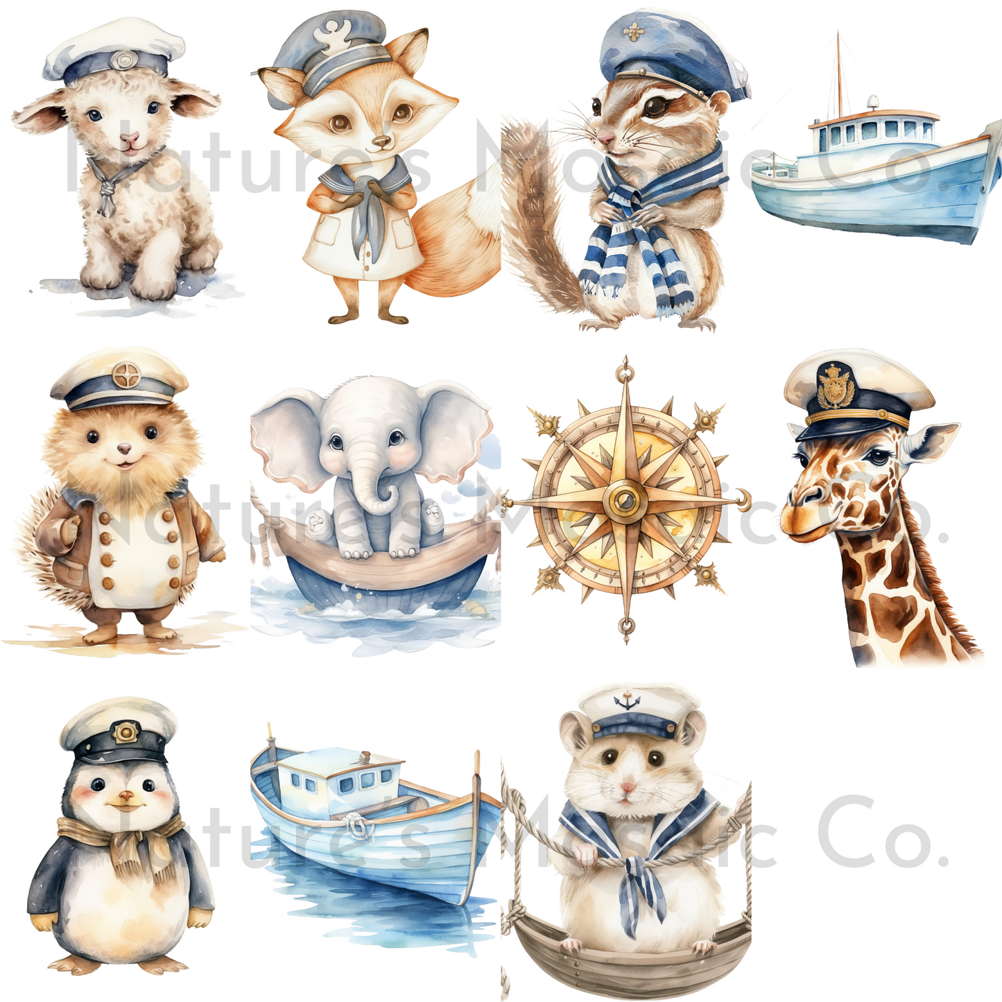 Watercolor Nautical Sailor Animals Clipart | 35 PNG | 300 DPI | Cute Ocean & Sea Animal Illustrations for Baby Shower, Nursery & Crafts